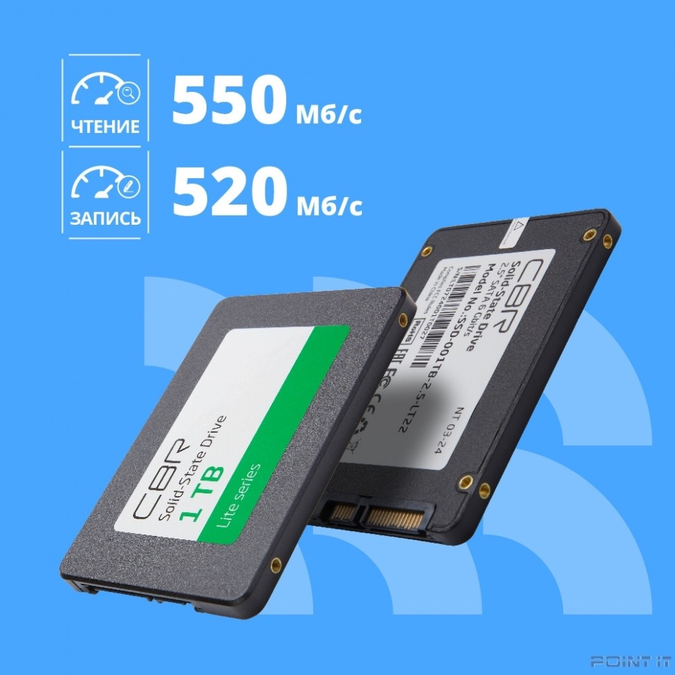 CBR SSD-001TB-2.5-LT22, Внутренний SSD-накопитель, серия "Lite", 1024 GB, 2.5", SATA III 6 Gbit/s, SM2259XT, 3D TLC NAND, R/W speed up to 550/520 MB/s, TBW (TB) 500