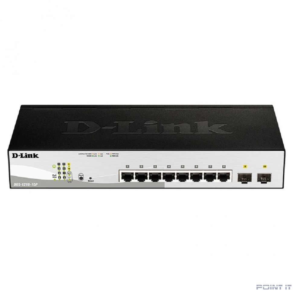 D-Link DGS-1210-10P/FL2A Управляемый L2 коммутатор с 8 портами 10/100/1000Base-T и 2 портами 1000Base-X SFP (8 портов PoE 802.3af/at, PoE бюджет 65 Вт)