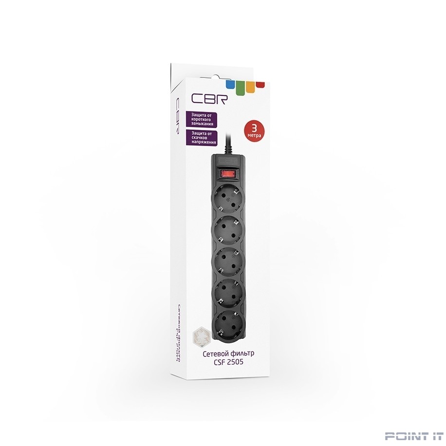 CBR Сетевой фильтр CSF 2505-3.0 Black CB, 5 евророзеток, длина кабеля 3 метра, цвет чёрный (коробка)