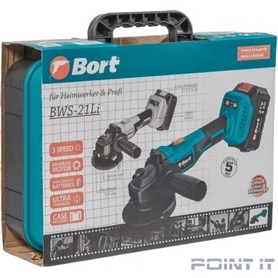 Bort МАШИНА ШЛИФОВАЛЬНАЯ УГЛОВАЯ АККУМУЛЯТОРНАЯ BORT BWS-21LI {21 В; Li-Ion ; 4 Ач; 5000-8500 об/мин; 22,2 мм; 1,7 кг; 4 Ач; батарей 2 шт; аксессуаров 6 шт; гарантия 2 г} [93413571]