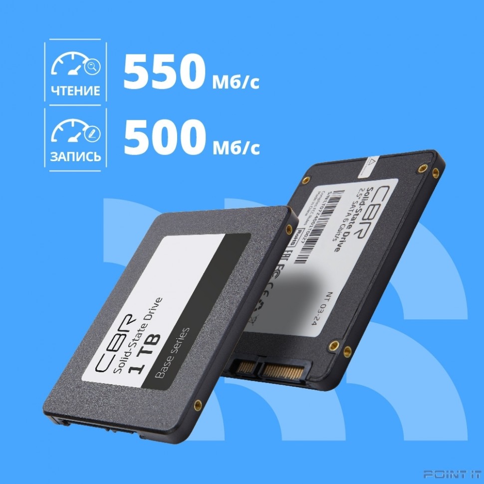 CBR SSD-001TB-2.5-BS24b, Внутренний SSD-накопитель, серия "Base", 1024 GB, 2.5", SATA III 6 Gbit/s, 3D TLC NAND, R/W speed up to 550/500 MB/s, TBW (TB) 512, OEM