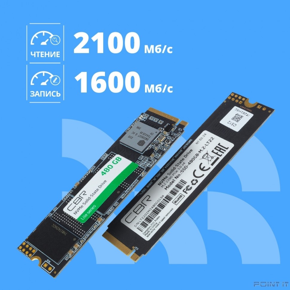 CBR SSD-480GB-M.2-LT22, Внутренний SSD-накопитель, серия "Lite", 480 GB, M.2 2280, PCIe 3.0 x4, NVMe 1.3, SM2263XT, 3D TLC NAND, R/W speed up to 2100/1600 MB/s, TBW (TB) 240